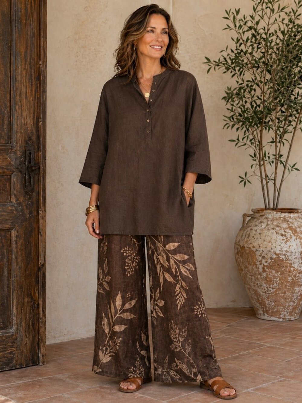 Lauren Ralph Lauren Brown Linen 3/4 Sleeve Popover Tunic Top Womens 2X Lagenlook